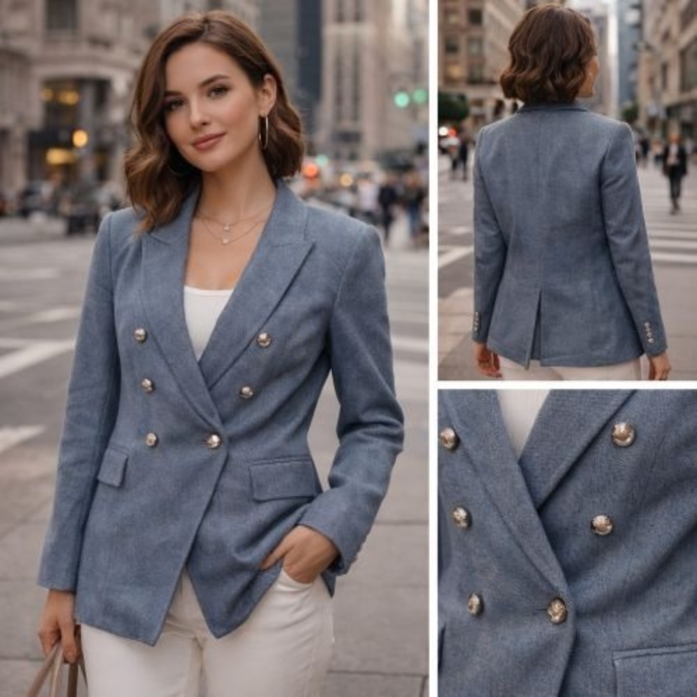 WHBM Studio Tweed Blazer Mid Blue Double‎ Breasted 2 Career Preppy Nautical